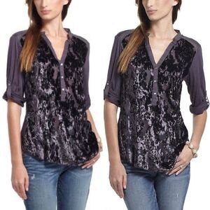 Anthropologie Tiny Embellished Floral Velvet burn out Henley Top XS Silk Gray